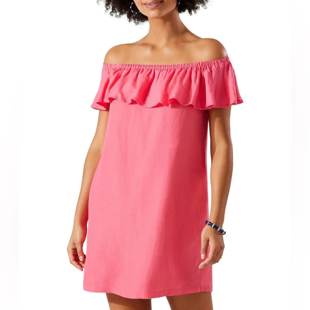 Tommy Bahama St Lucia Pink Off Shoulder Linen Mini Dress Ruffle Resort Barbie S
